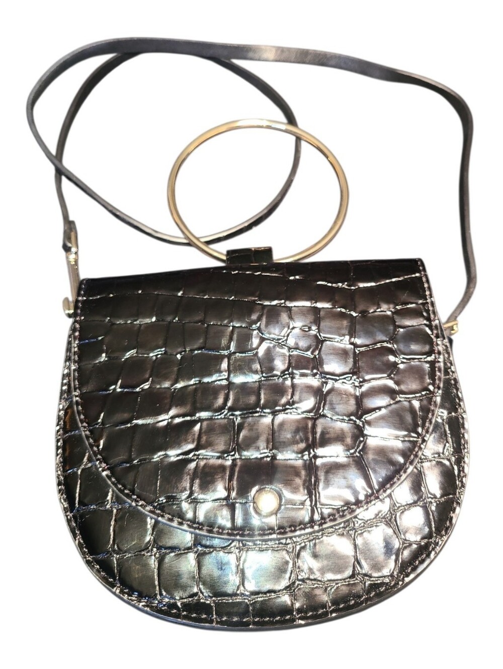 Theory Whitney Black Leather Crossbody Gold Hoop - Rare Crocodile Effect - Picture 2 of 12